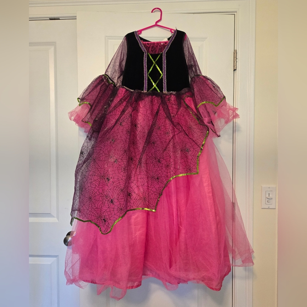 Girls Witch Halloween Costume with Hat; Pink, Black and Light Green; Size 10/12.
